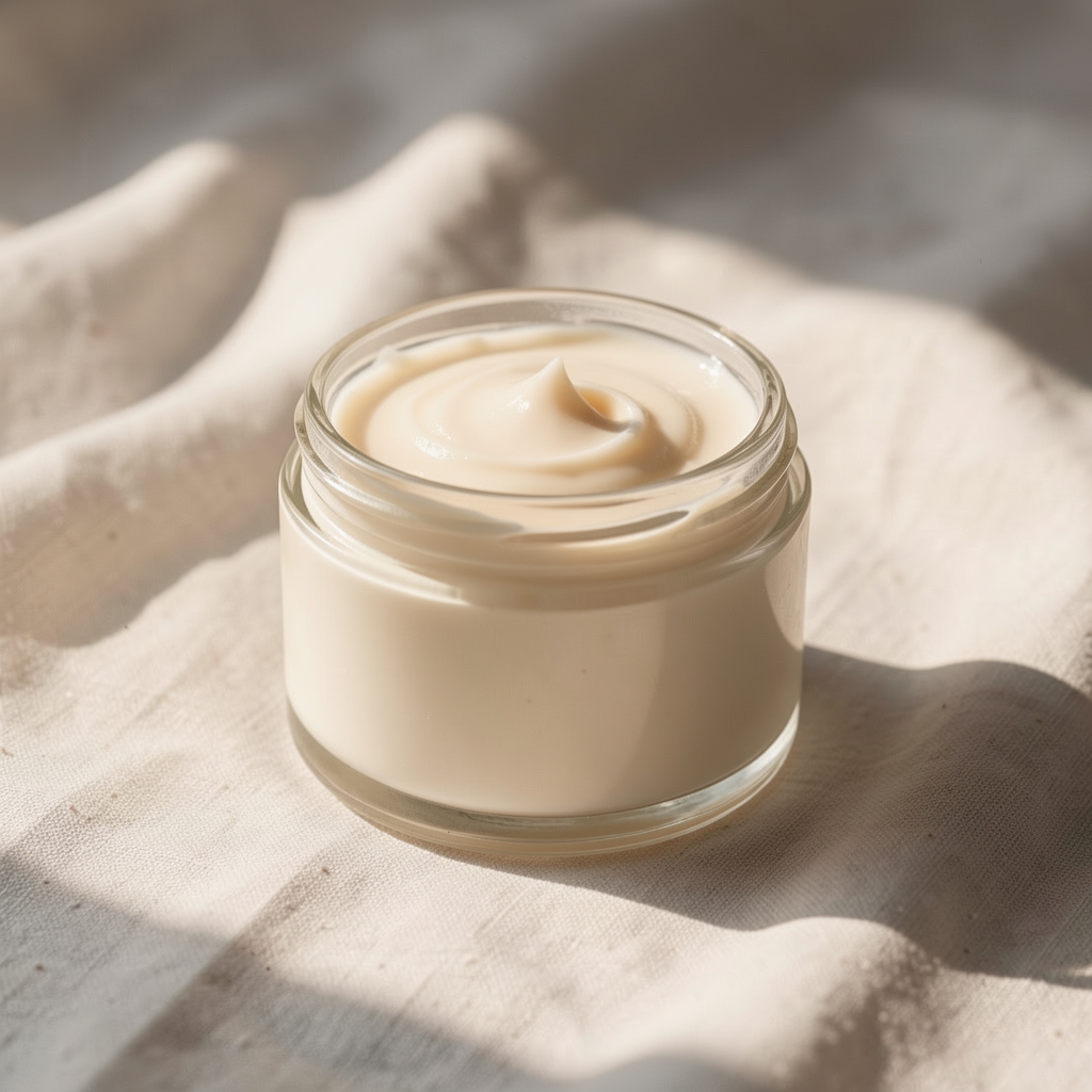 Glass jar of nourishing body cream on a pale linen surface in soft morning light, botanical ingredients nearby