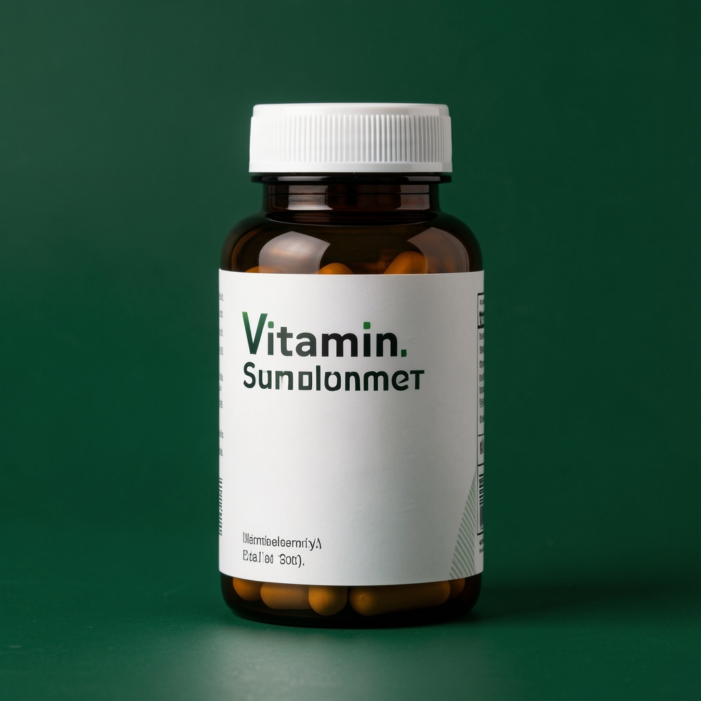 Vitamin supplement bottle against a clean dark green background, minimal product display