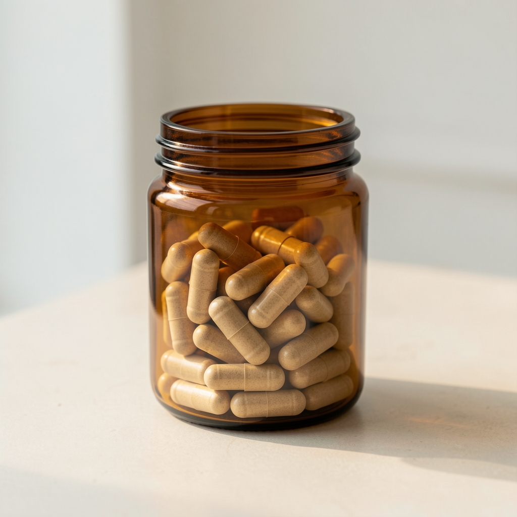 Daily supplement capsules in amber glass jar on pale surface, editorial arrangement with natural light