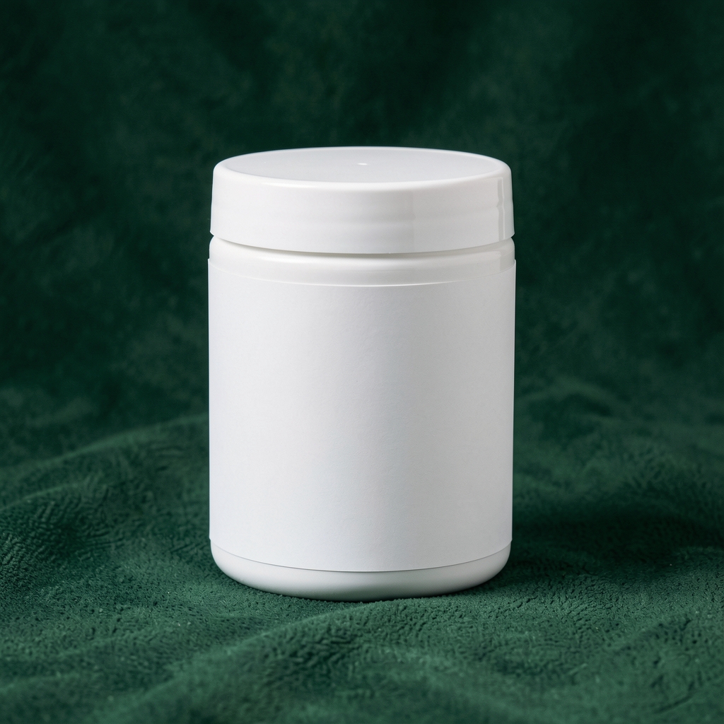 White supplement jar with a clean minimal label photographed on a dark green textured surface, editorial still life